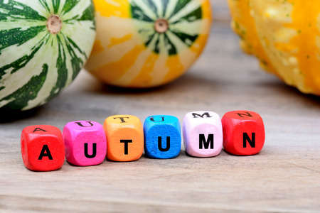 The colorful word Autumn on wooden tableの写真素材