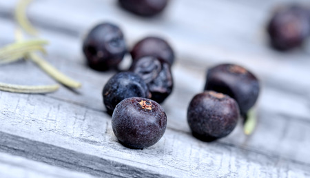 Group of juniper on grey wooden table