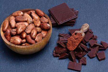 Cacao beans in a bowl with chocolate on slate close-up