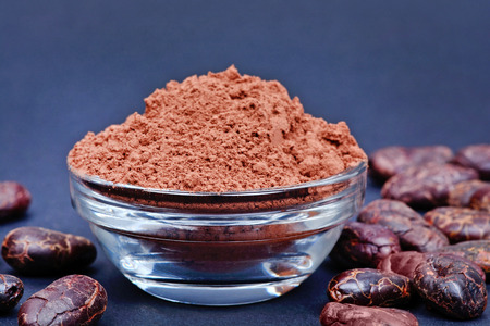 Cacao powder in a transparent bowl on blue backgroundの写真素材