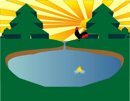 Eco pond with a rooster awakening the day and a duck swimming in pondのイラスト素材