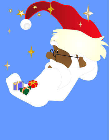 Black Santa shining in the sky at night, watching all the good children with delight, for the next Christmas...のイラスト素材