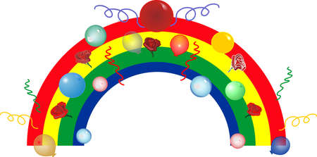 Celebrations with lots of balloons, streamers, ribbons, balls and roses over a rainbowのイラスト素材