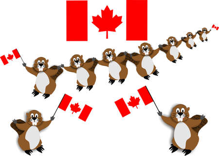 Canadian Beaver Dance with the national emblem, the beaver, carrying flags..のイラスト素材