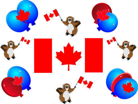Celebrating Candian holidays, with the flag, national emblem and having funのイラスト素材