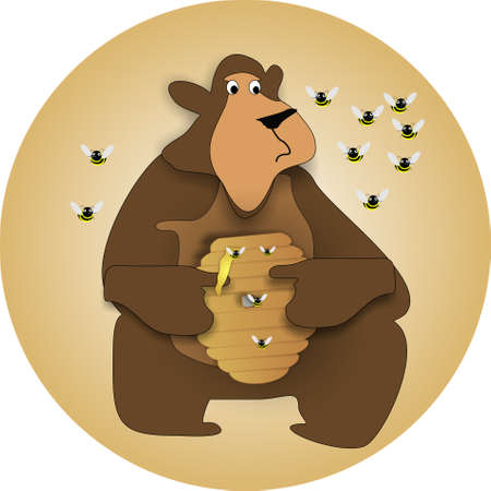 Bear holding honey pot, eating it, as bees try to protect beehive Illustrationのイラスト素材