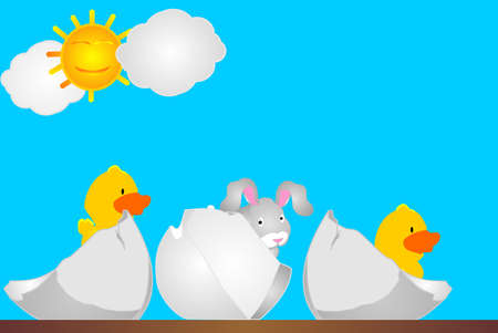 3 eggs crackin with chicks, and a bunny hopping out...のイラスト素材
