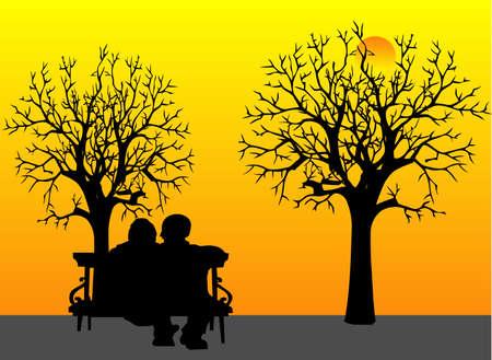 Loving elderly couple sitting on park bench, watching the sunset and remembering days gone by... As his best friend is leaving him soon, and he is taking care of her.. doing Palliative Care at home, for his loving wife, with Respect and honor..のイラスト素材