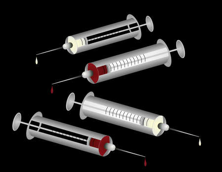 Syringes, on black background showing two styles of needles, one opaque, and one translucent. For medical injections, or for recreational drug use. In a vector background can be removed.のイラスト素材