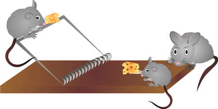 3 mice playing around mouse trap to get cheese to eat..のイラスト素材
