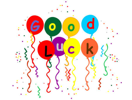 Multiple coloured balloons, wishing you good luck with streamer, and confetti falling around the balloons..のイラスト素材