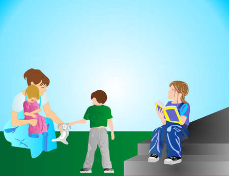 Mom is holding youngest girl and picking up Bunny for her son.  As the eldest daughter is sitting on steps reading her book.のイラスト素材