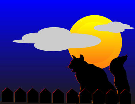 Black cat, sitting on fence with full moon in back, screeching to the wind, on Hallowed Eve...のイラスト素材