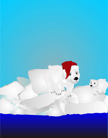 Two Polar bears on ice pack, one with a Santa's hat on..のイラスト素材