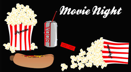 Going to the movie and having, a soda, popcorn, and hotdog, while watching show. Over black on the set.のイラスト素材