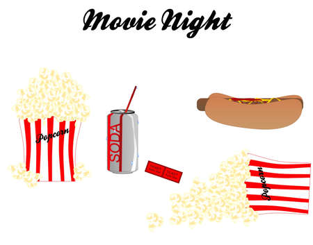 Going to the movie and having, a soda, popcorn, and hotdog, while watching show. Over white on the set.のイラスト素材