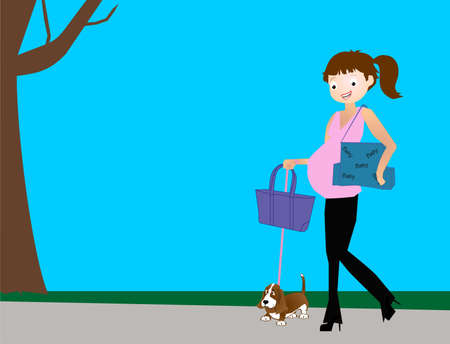 Mommy-to-be in stylish black and pink, carrying baby bags, and walking her dog, after a morning of baby shopping.のイラスト素材