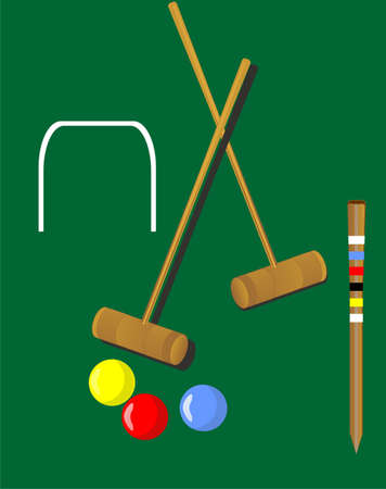 Croquet mallets and 3 balls,yellow, red, blue, with the wicket and peg... 