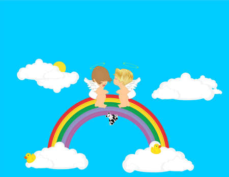 Over the rainbow, and in the clouds, are angels..  Playing and kissing,tranquil moments shared...のイラスト素材