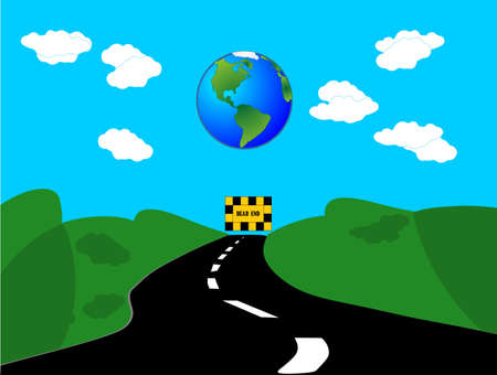 Lookin down a road. it takes you to a dead end, as you see the world off in a distance.  Destroyed by inhabitants, and no going back.  The earth is rejuvenating itself...のイラスト素材