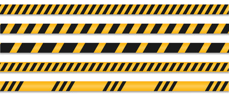 Set of black and yellow warning line striped. Warning, Caution and danger tapes.のイラスト素材