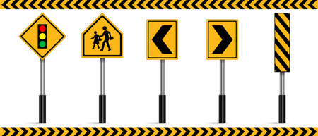 Set of road signs, Traffic signs on white background, Traffic lights ahead, children, School zone, Curve markerのイラスト素材