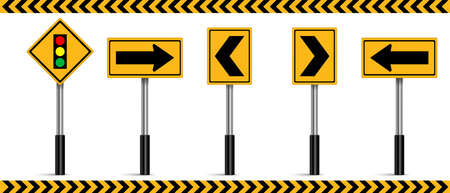 Set of road signs, Traffic signs on white background, Traffic lights ahead, Curve markerのイラスト素材