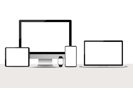 Set of smart watch, Smartphone, tablet, laptop and monitor, Electronic devices with blank screenのイラスト素材