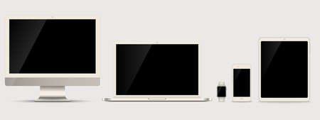 Set of smart watch, Smartphone, tablet, laptop and monitor, Electronic devices with blank screenのイラスト素材