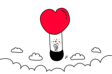 Doodle couple kissing in a hot-air balloon. Boy kissing girlfriend. Hand drawn cartoon. Valentine's Dayのイラスト素材