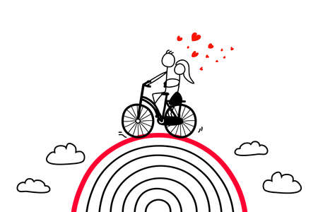 Doodle love couple riding bicycle on a rainbow. Hand drawn cartoon. Valentine's Dayのイラスト素材