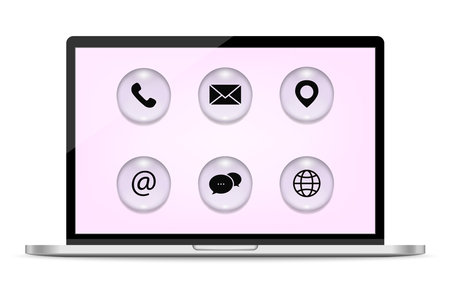 Contact us icons on laptop for addvertising. Phone, mail, map pin, email, and website. Customer service concept.のイラスト素材