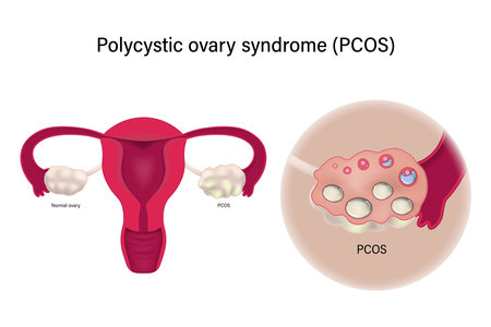 Close up of polycystic ovary syndrome PCOS. Female reproductive system. Multiple immature follicles. Ovarian cysts.のイラスト素材