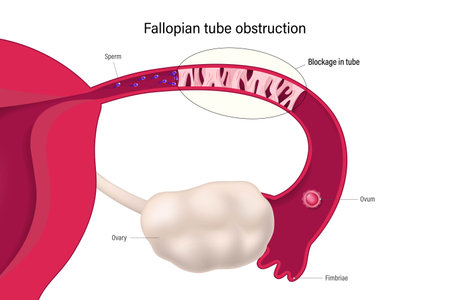 Fallopian tube obstruction. Block fallopian tube. Uterus and uterine tubes. Female reproductive system. Sperm cannot pass through and mix with the egg. Considered one of the causes of infertility.のイラスト素材