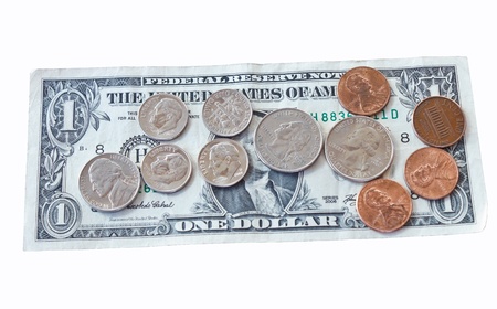 A dollar and 99 cents isolated on a white background represented with dollar bill, nickels, pennies,...
