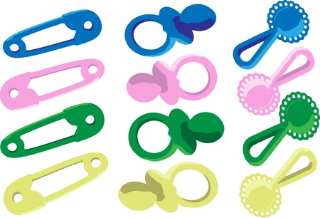 Illustration with baby elements in four different colors; blue, pink, green, yellow. The elements are safety pin, pacifier, rattle isolated on white background.のイラスト素材