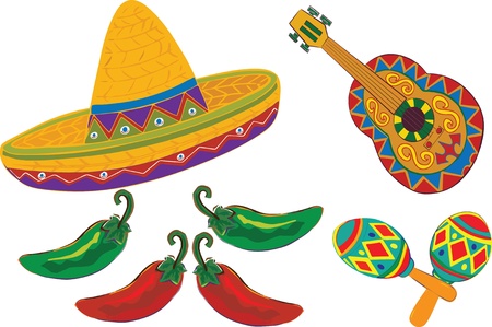 Sombrero, Guitar, Maracas, peppers isolated on a white background For Cinco de Mayo or Fiesta.  Illustrationのイラスト素材