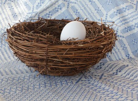 Single white Egg in a Nest with woven cloth backgroundの写真素材