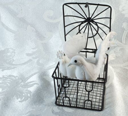 Doves in an open brass cage on a brocade textileの写真素材