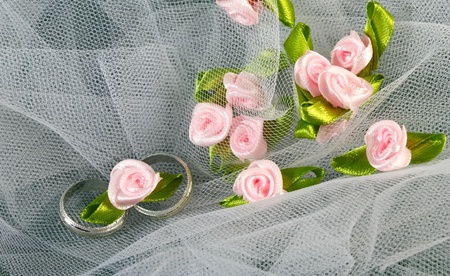 Wedding rings on tulle with pink rosesの写真素材