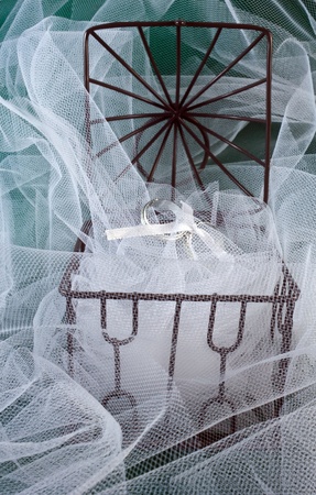 Wedding Rings in an open cage with white tulleの写真素材