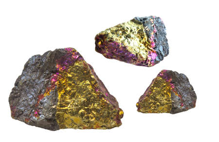 Gold, Fuschia, black pyrite rocks isolated on a white backgroundの写真素材