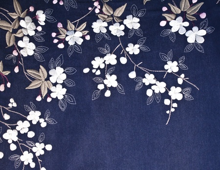 Embroidered Flowers, leaves, and stems on denim fabricの写真素材