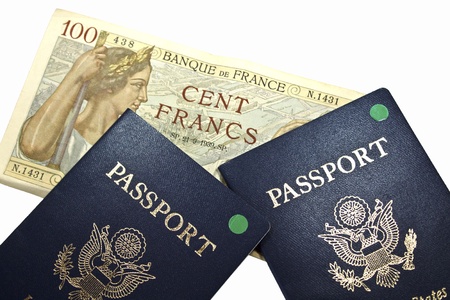 French 100 Franc bank note with 2 passports and isolated with clipping path.の写真素材