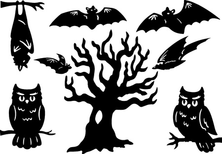 Halloween Silhouettes with owl, bats, and treeのイラスト素材