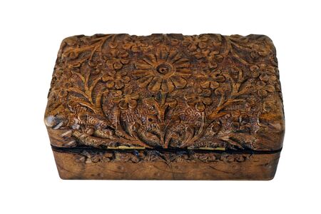 Hand Carved Wooden Box isolatedの写真素材