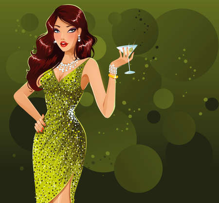 Beautiful brunette in green dressのイラスト素材