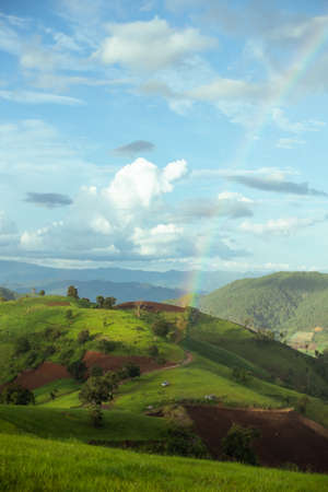 Panoramic view of beautiful mountain landscape in the north of Thailand with green mountain pastures.の写真素材