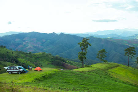 Panoramic view of beautiful mountain landscape in the north of Thailand with green mountain pastures.の写真素材