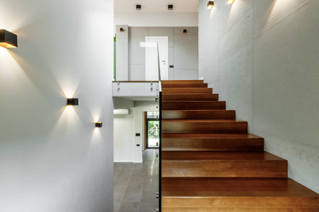Image of stylish staircase in bright house interior.の写真素材